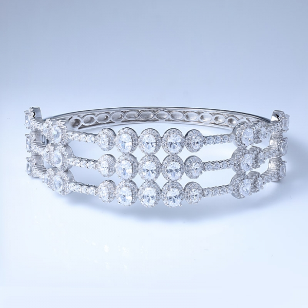 Oval Cutting White Cubic Zirconia Rhodium Over Sterling Silver Bangle Bracelet 