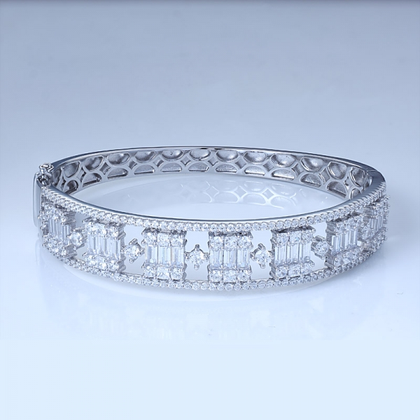 Baguette Cut White Diamond CZ 18K White Gold Over Sterling Silver Bangle 