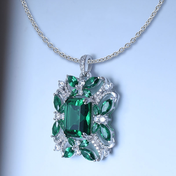 Green Emerald rhodium over silver initial  pendant 