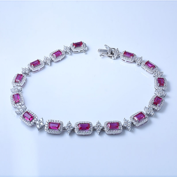 Ruby Corundum Baguette Cutting Rhodium Over Sterling Silver Bracelet 