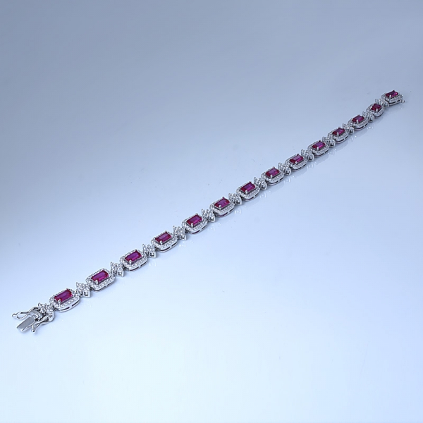 Ruby Corundum Baguette Cutting Rhodium Over Sterling Silver Bracelet 