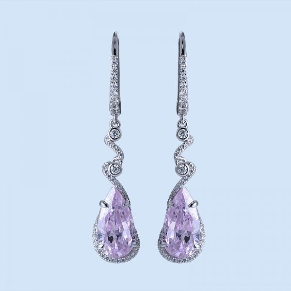 Pear Pink Diamond Simulant Rhodium Over Silver Drop Earrings For Ladies 