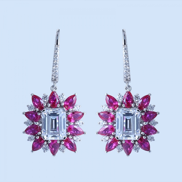 Emerald Cutting Ruby Corundum Rhodium Over Sterling Silver drop Earrings 
