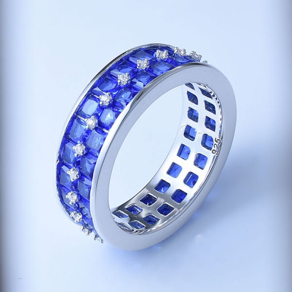 Square Lab created Blue Sapphire  Beautiful Pattern Silver Ring 