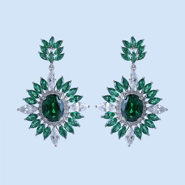 Oval Emerald Green Rhodium Over Sterling Silver drop Earrings 