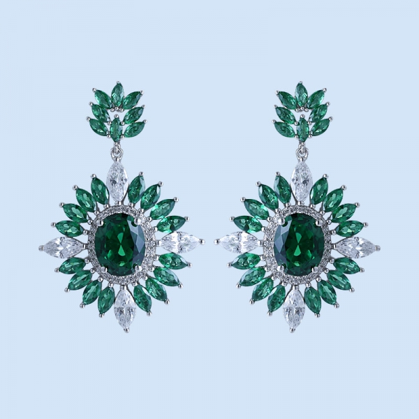 Oval Emerald Green Rhodium Over Sterling Silver drop Earrings 