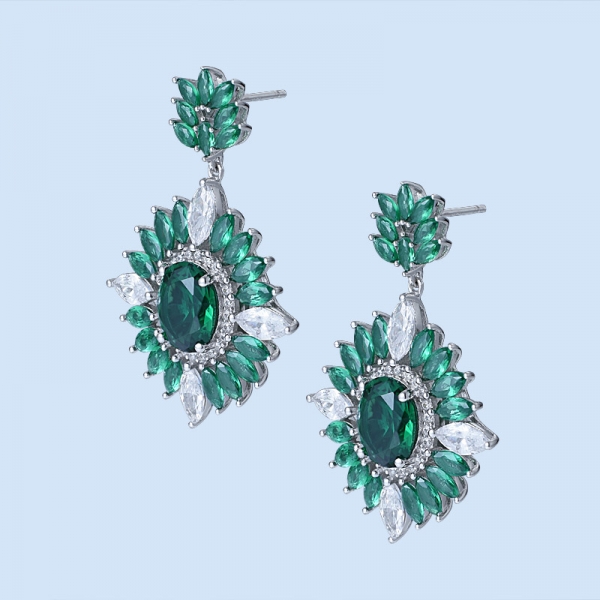 Oval Emerald Green Rhodium Over Sterling Silver drop Earrings 