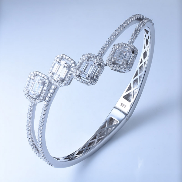 Baguette Cutting White Cubic Zirconia Rhodium Over Sterling Silver spring Bangle Bracelet 