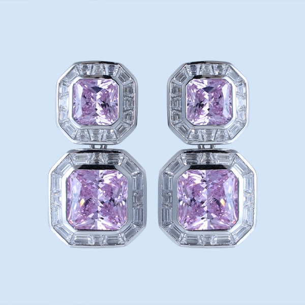 Princess Pink Diamond Simulant Rhodium Over Silver Earrings 
