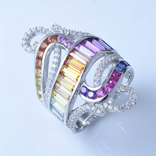 Wholesale Baguette Rainbow Color Corundum Vintage Engagement Silver Rings 