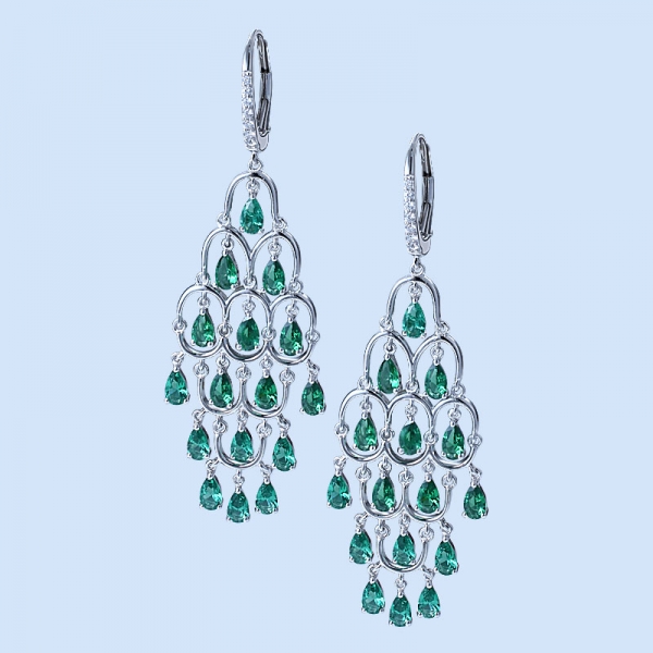 Pear Emerald Green Rhodium Over Sterling Silver Chandelier Earrings 