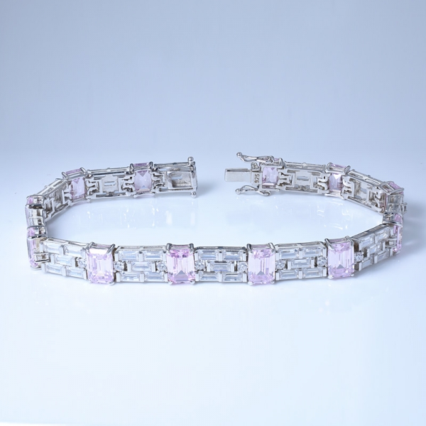Emerald Simulate Pink Diamond Rhodium Over Sterling Silver charm bracelet 