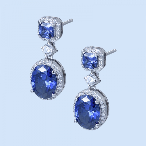 Oval Blue Tanzanite Rhodium Over Trendy Silver Earrings For Ladies 