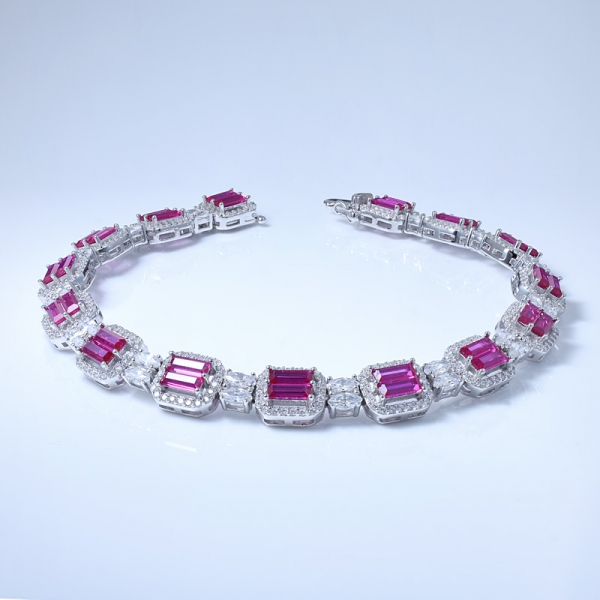 Lab Red Ruby With Cubic Zirconia Rhodium Over Sterling Silver Bracelet From China Factory 