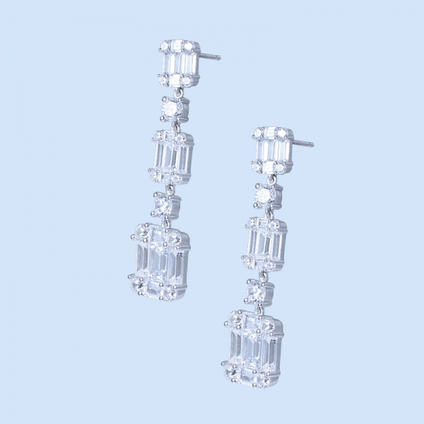 White Baguette Cubic Zirconia Rhodium Over Sterling Dangling Silver Earring 