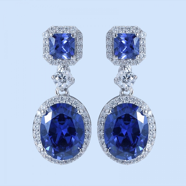 Oval Blue Tanzanite Rhodium Over Trendy Silver Earrings For Ladies 