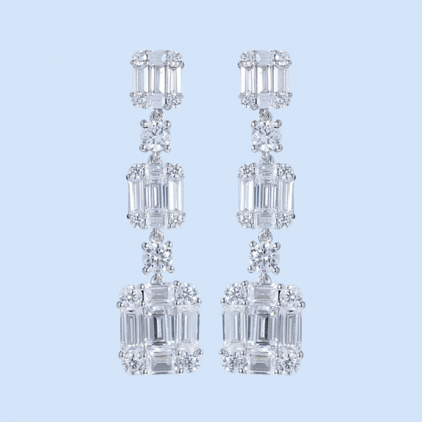 White Baguette Cubic Zirconia Rhodium Over Sterling Dangling Silver Earring 