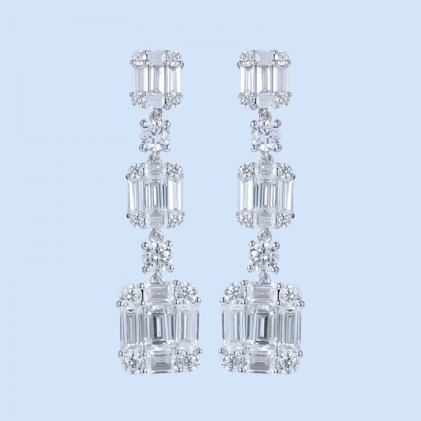 White Baguette Cubic Zirconia Rhodium Over Sterling Dangling Silver Earring 