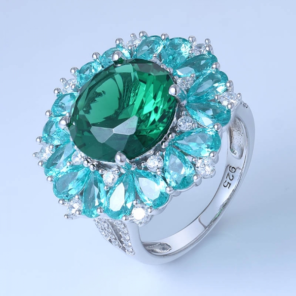 Round Green Emerald and Paraiba round Rhodium Over Sterling Silver center design ring 