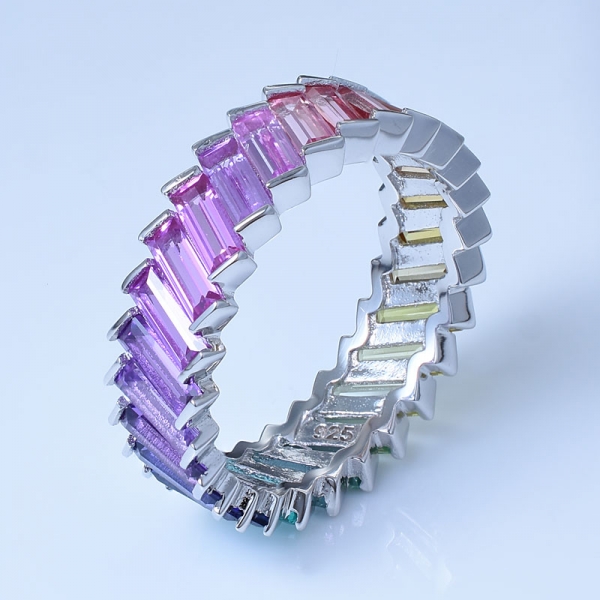 Rainbow Colorful Rhodium Over 925 Sterling Silver Baguette shape Infinity Ring 