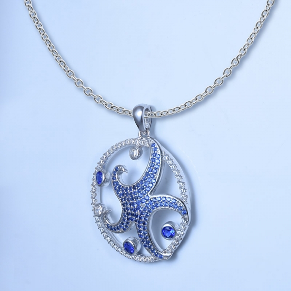 Blue Sapphire Rhodium Over Starfish Sterling Silver Pendant with wholesale price 