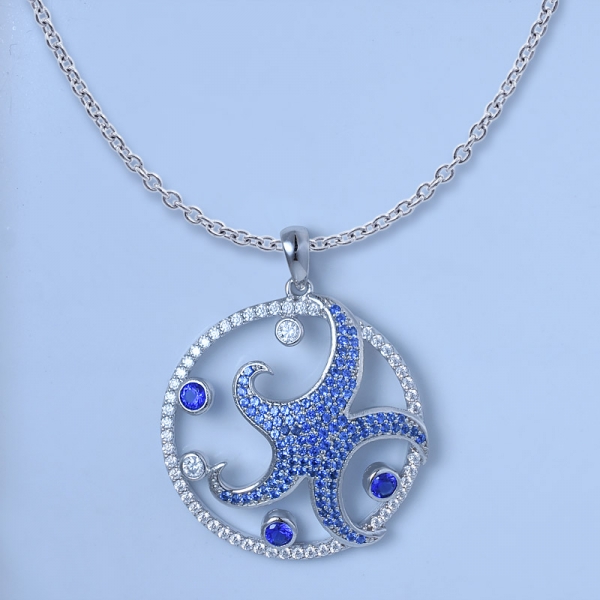 Blue Sapphire Rhodium Over Starfish Sterling Silver Pendant with wholesale price 