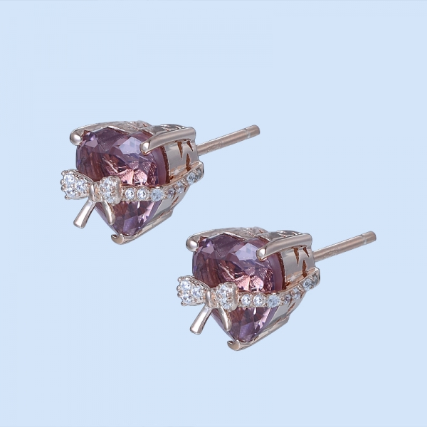 Morganite Rose Gold Plating Over Sterling Heart Cut Silver Stud Earrings 