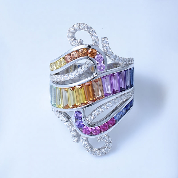 Rainbow multi color Rhodium Over Sterling Silver designer rings 