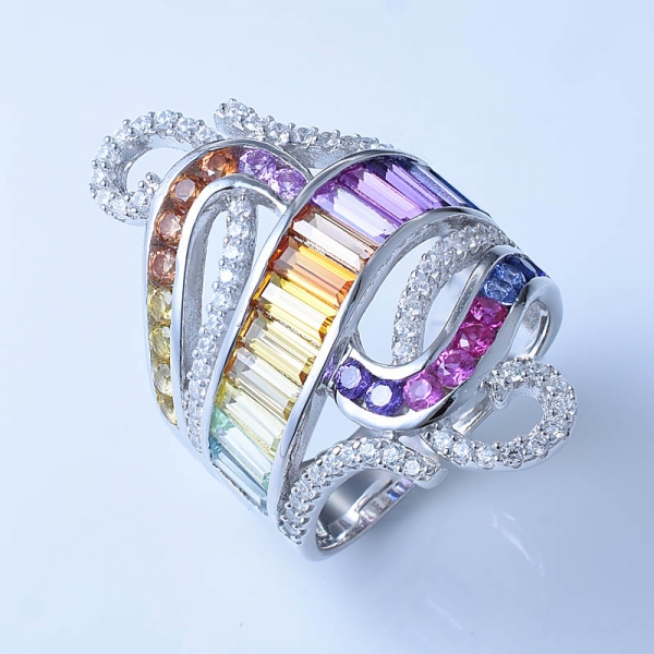 Rainbow multi color Rhodium Over Sterling Silver designer rings 