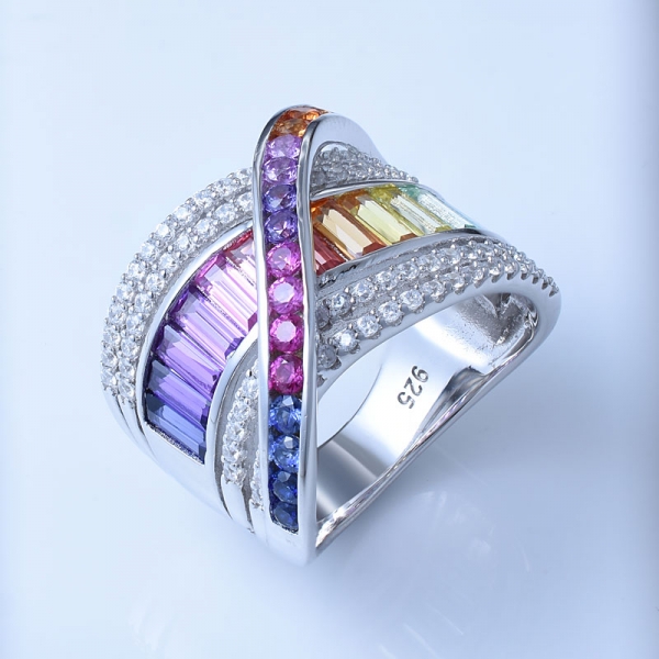 Rainbow multi color Rhodium Over Sterling Silver riband rings 