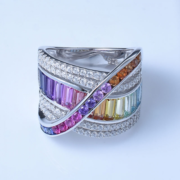 Rainbow multi color Rhodium Over Sterling Silver riband rings 