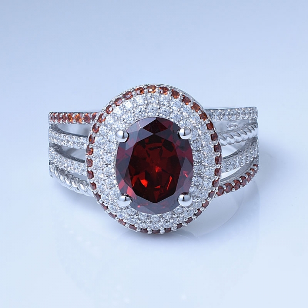 2 Carat Oval Garnet & White Cubic Zirconia Rhodium Over Sterling Silver Diamond Ring 