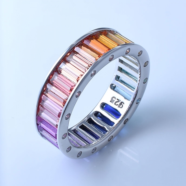 Baguette Cut Multi Color Corundum Rhodium Over Sterling Silver Rainbow Rings For Women 