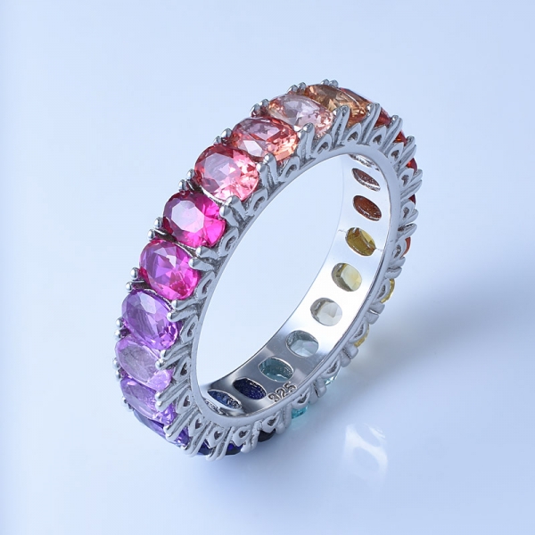 Oval Multi Color Corundum Rhodium Over Sterling Silver Classic Rainbow Eternity Ring 