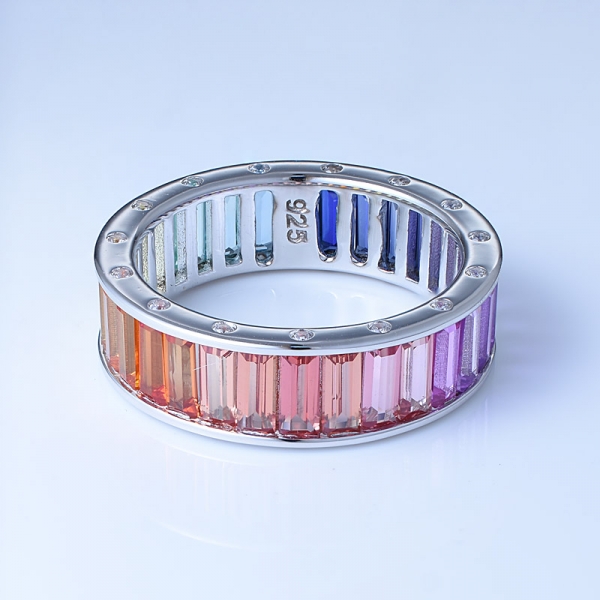 Baguette Cut Multi Color Corundum Rhodium Over Sterling Silver Rainbow Rings For Women 
