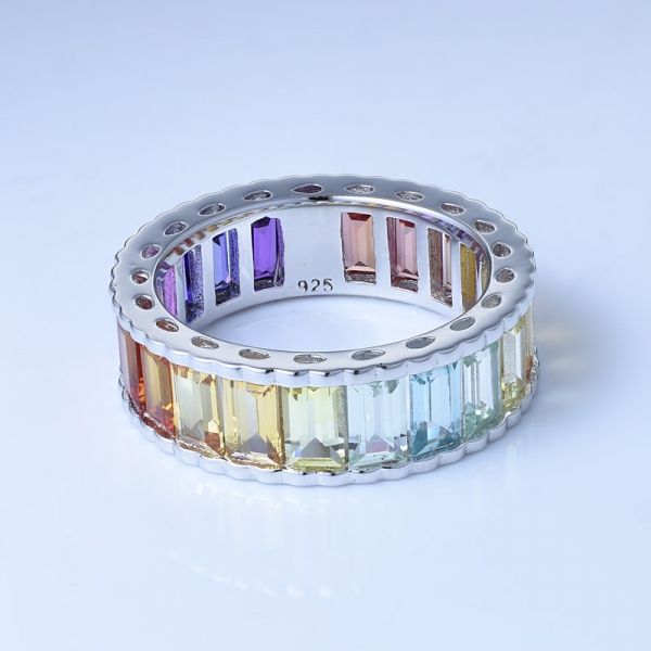 Baguette Cut Multi Color Corundum Rhodium Over Sterling Silver Rainbow Celebrity Rings 