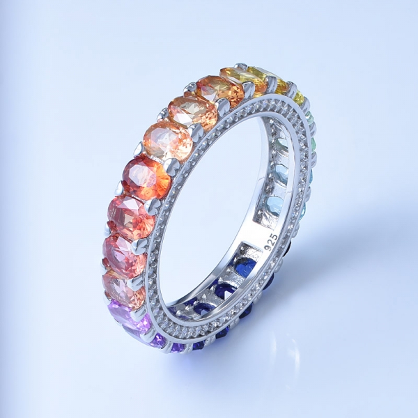 Oval Cut Multi Color Corundum Rhodium Over Sterling Silver Female Rainbow Ring 