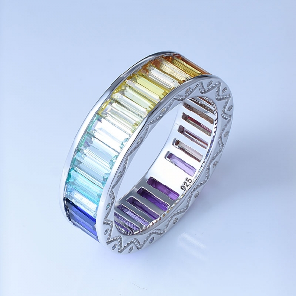 Baguette Cut Multi Color Corundum Rhodium Over Sterling Silver Antique Rainbow Rings 