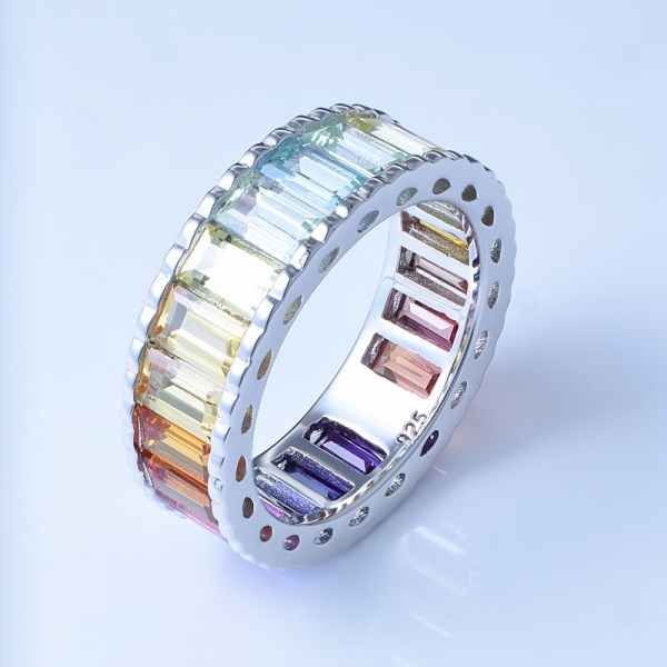 Baguette Cut Multi Color Corundum Rhodium Over Sterling Silver Rainbow Celebrity Rings 