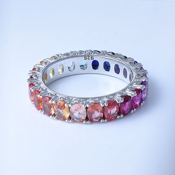 Oval Multi Color Corundum Rhodium Over Sterling Silver Classic Rainbow Eternity Ring 