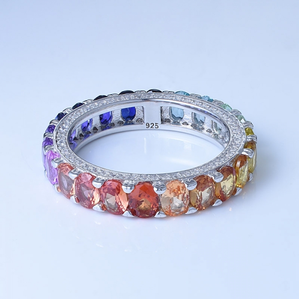 Oval Cut Multi Color Corundum Rhodium Over Sterling Silver Female Rainbow Ring 
