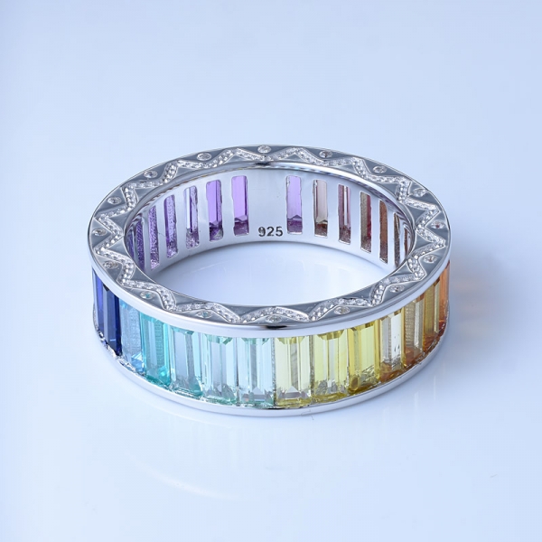 Baguette Cut Multi Color Corundum Rhodium Over Sterling Silver Antique Rainbow Rings 