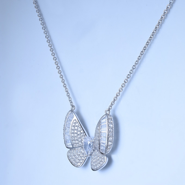 925 Sterling Silver White Pear Cubic Zirzonia Butterfly Necklace Pendant With 18