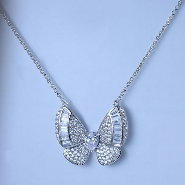 925 Sterling Silver White Pear Cubic Zirzonia Butterfly Necklace Pendant With 18