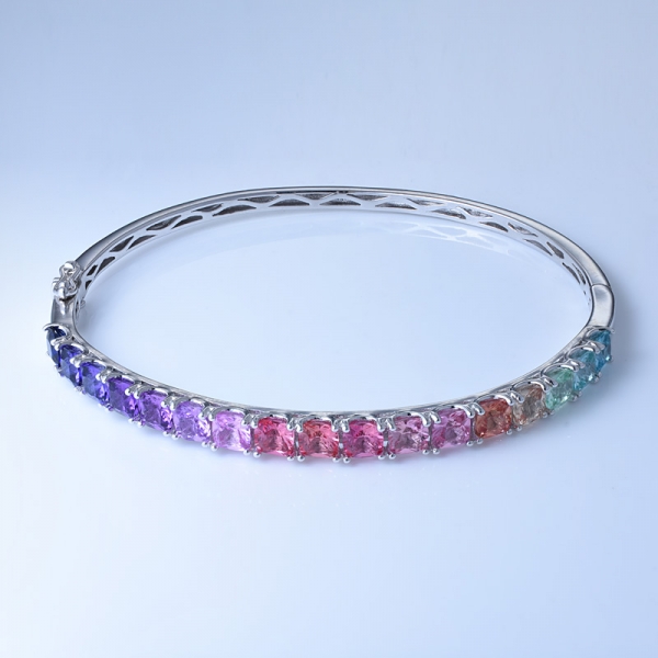 Multi Color Gemstone Rhodium Over Sterling Silver Rainbow Bangle Wholesale 