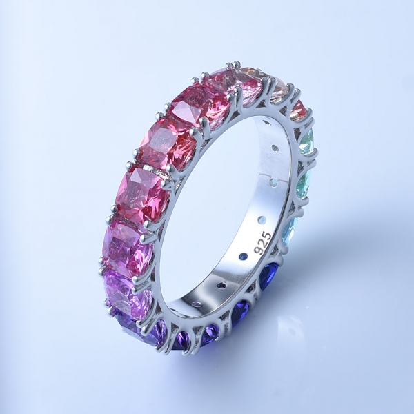 Cushion Cut Multi Color Corundum Rhodium Over Sterling Silver Rainbow Set Jewelry Rainbow Ring 
