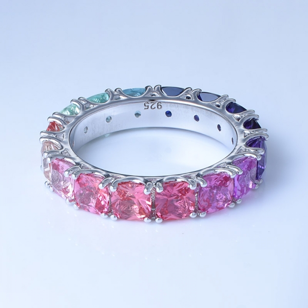 Cushion Cut Multi Color Corundum Rhodium Over Sterling Silver Rainbow Set Jewelry Rainbow Ring 