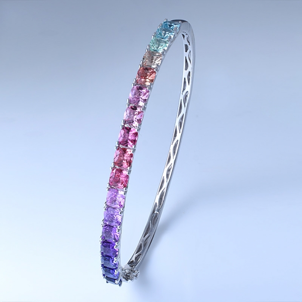 Multi Color Gemstone Rhodium Over Sterling Silver Rainbow Bangle Wholesale 