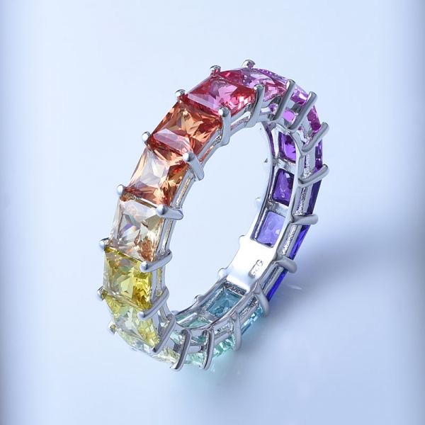 Princess Multi Color Corundum Rhodium Over Sterling Silver Classic Rainbow Eternity Ring 