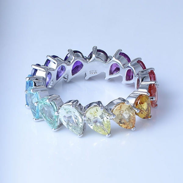 Synthetic Sapphire Pear Cut Rhodium Over Sterling Silver Rainbow Eternity Ring 